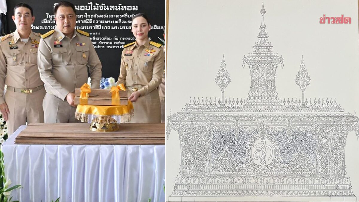 พระโกศจันทน์ยอดมหามงกุฎทรงแปดเหลี่ยม สลักพระนามาภิไธย ส.ก. จัดสร้างจากไม้จันทน์หอม